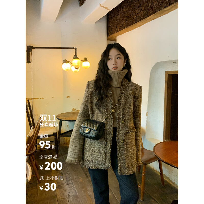 任小艺设计感流苏小香风外套女秋冬美拉德中长款夹棉粗花呢上衣