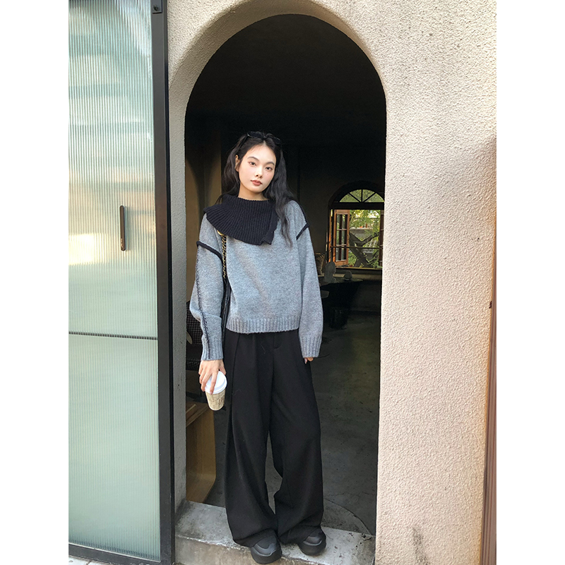 【5折捡漏 断码福利】任小艺设计羊毛针织衫拉链毛衣立领撞色上衣