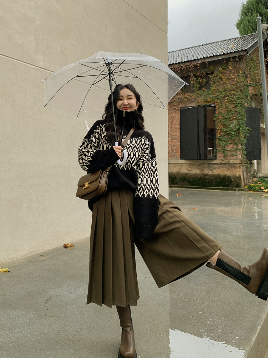 任小艺复古高腰百褶裙裤女小众2023春新款宽松显瘦遮跨七分阔腿裤