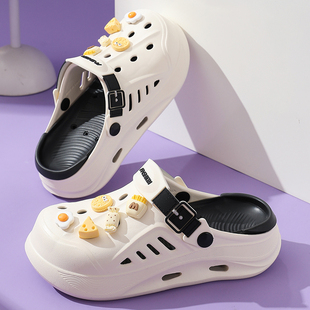 女款 夏季 洞洞鞋 2024新款 男女夏外穿 防滑防臭沙滩包头凉鞋 厚底拖鞋