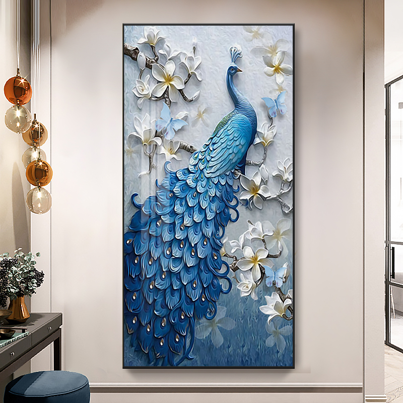 孔雀玄关装饰挂画现代轻奢客厅走廊过道竖版装饰画定制高级感壁画图片