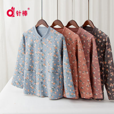 冬季老人女士纯棉三层加厚秋衣全棉开衫中老年人保暖内衣单睡衣