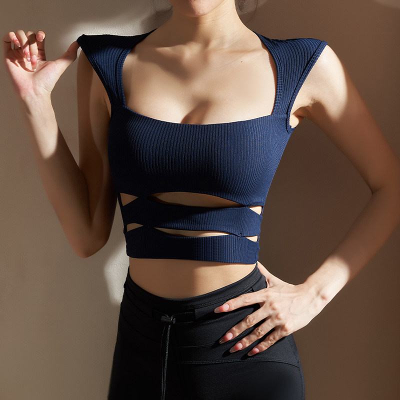 yoyomeat性感条纹镂空无袖瑜伽背心速干裸感紧身健身文胸运动内衣