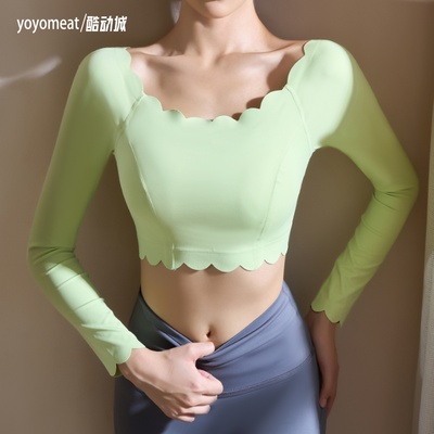 yoyomeat一字肩花边长袖瑜伽服