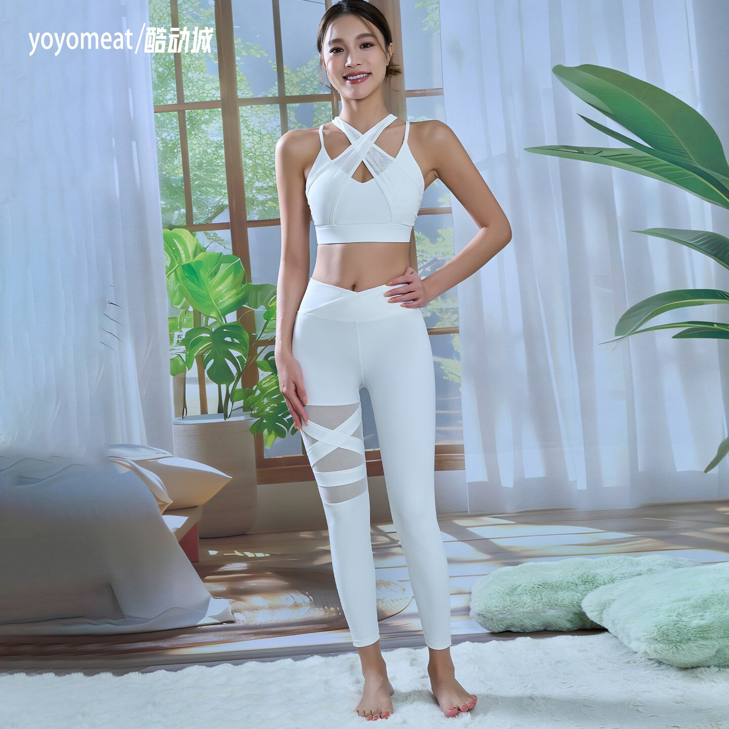 yoyomeat网纱拼接白色瑜伽服套装性感纯欲风运动内衣紧身健身裤女