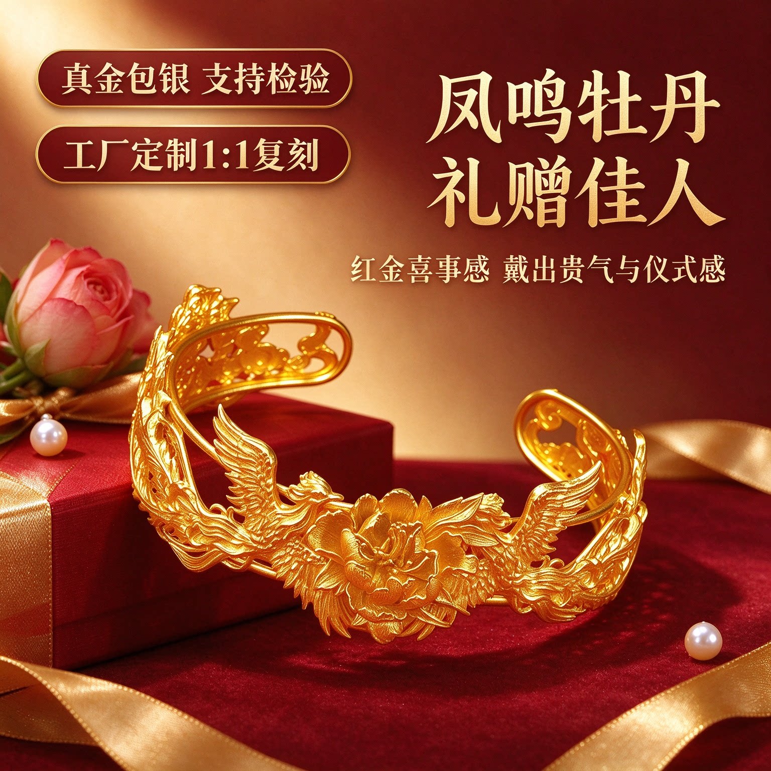 金包银凤凰牡丹古法开口手镯婚嫁
