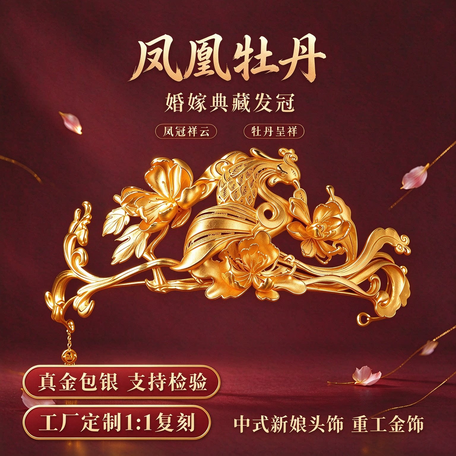 金包银新中式凤凰牡丹新娘发冠