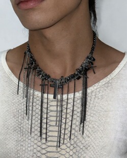 CryAngel*先锋视觉系手工多层叠戴十字架流苏项链小众亚朋克黑石