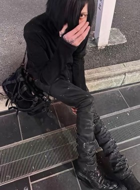 自主现货秒发D家黑胶Hide大破坏蜡裤home04刷蜡涂层破洞洗水修身