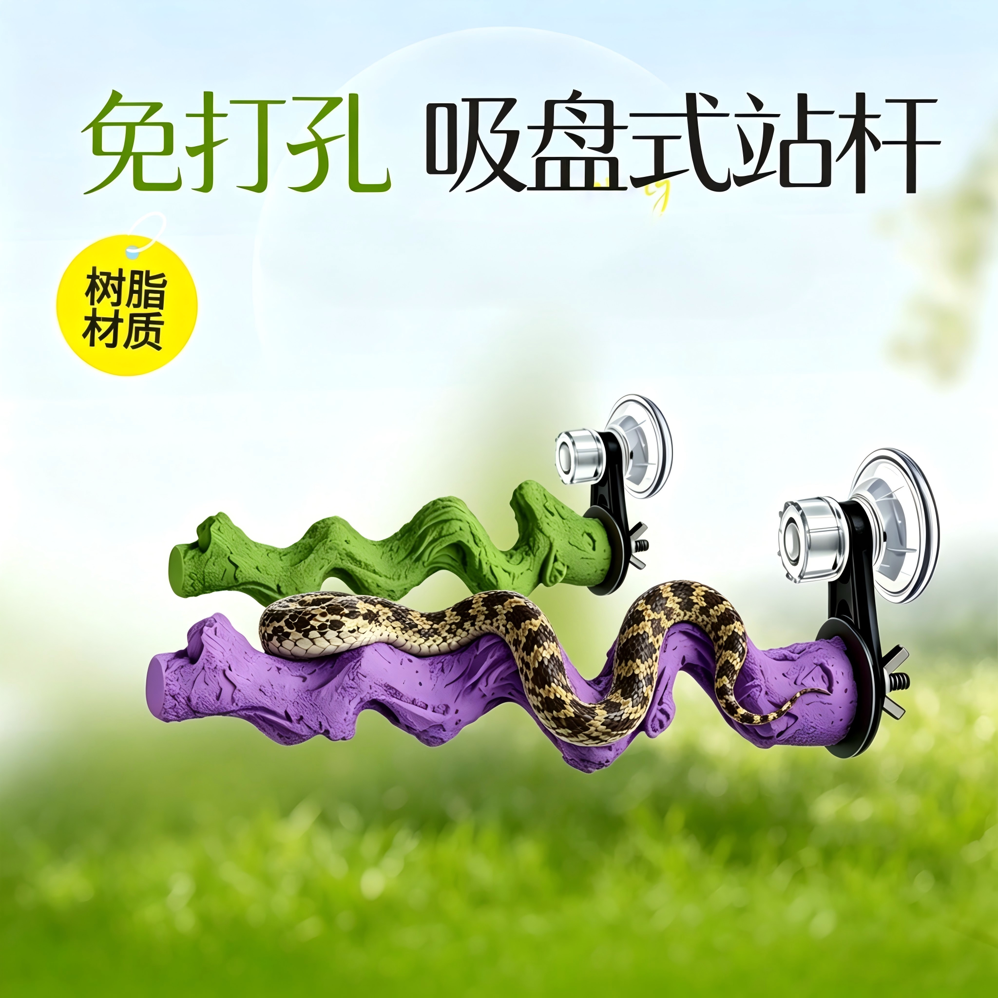 爬宠吸盘式树脂站杆仿天然树枝磨砂磨爪守宫蜥蜴玻璃缸壁挂晒太阳