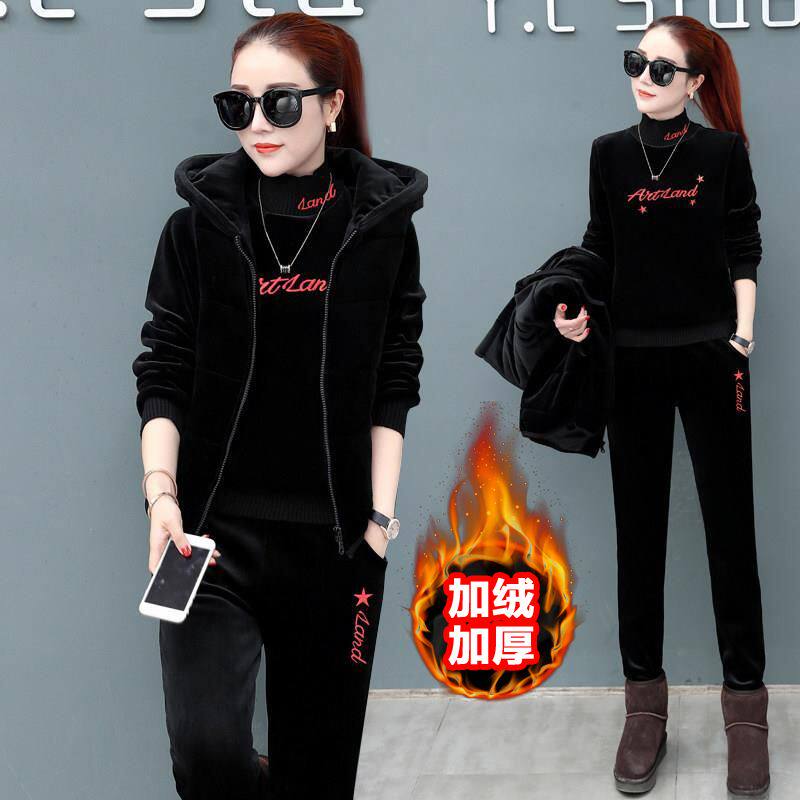 싱글|3 피스 세트 플러스 벨벳과 두꺼운 골드 벨벳 스포츠 슈트 여성용 겨울 따뜻한 양면 벨벳 스웨트 캐주얼웨어