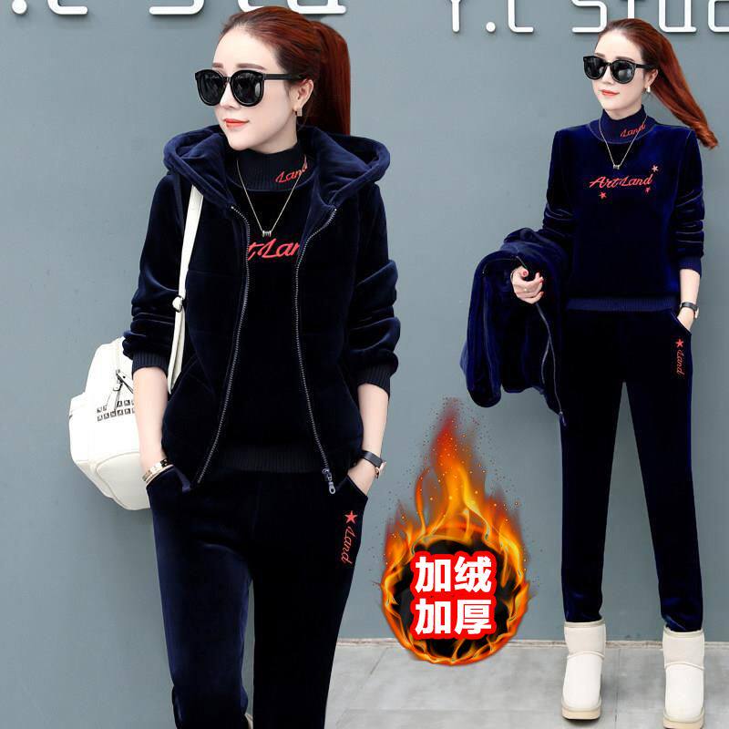 싱글|3 피스 세트 플러스 벨벳과 두꺼운 골드 벨벳 스포츠 슈트 여성용 겨울 따뜻한 양면 벨벳 스웨트 캐주얼웨어