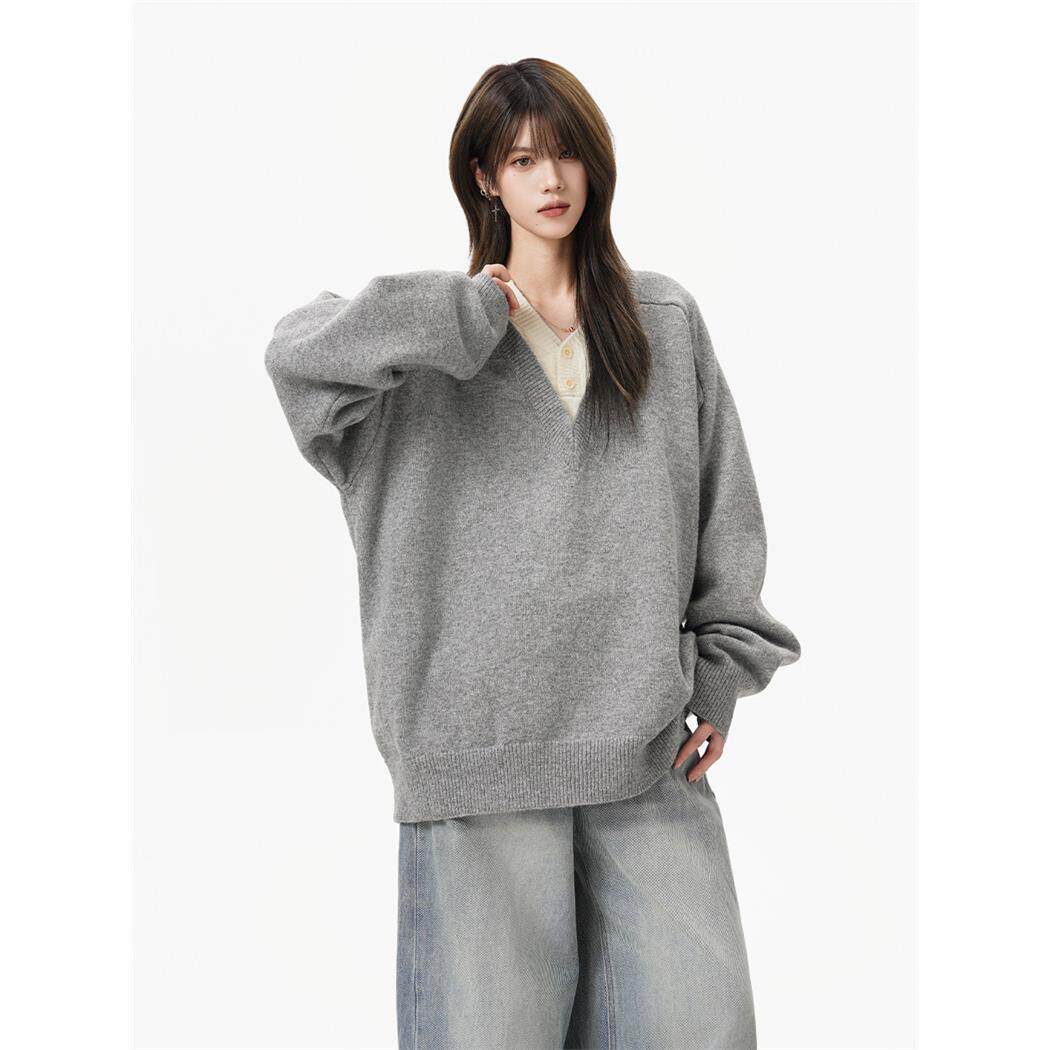 重磅假两件V领针织衫女男秋冬覆古慵懒休闲毛衣老钱风内搭打底衫