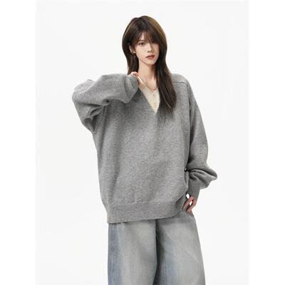 重磅假两件V领针织衫女男