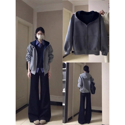 灰色连帽卫衣外套女早春