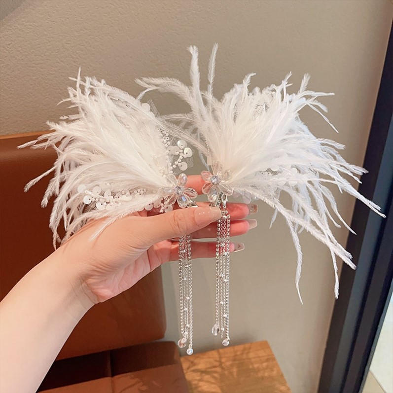 儿童高颜值仙美羽毛发夹女童蝴蝶流苏对夹公主宝宝水钻发卡头饰品