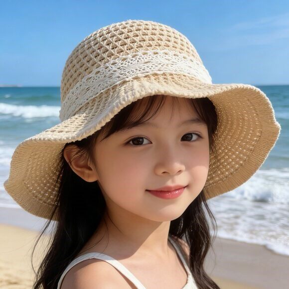 儿童草帽蕾丝花边草帽出游遮阳帽遮阳沙滩海边宝宝防晒女宝防晒帽
