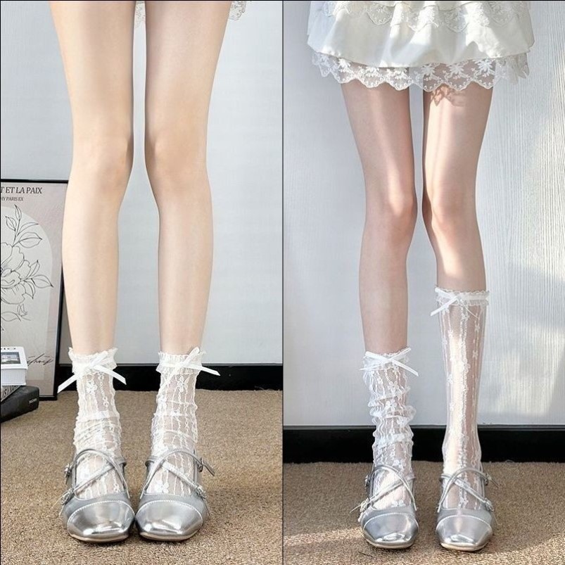 玛丽珍百搭jk少女夏季提花小腿泡泡袜蕾丝花边蝴蝶结甜美中筒袜子