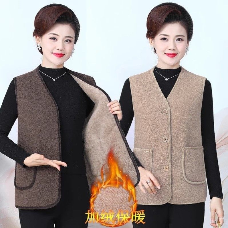 羊羔毛马甲女妈妈秋冬加绒加厚马夹背心中老年人女颗粒绒保暖坎肩