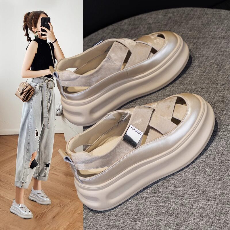 真皮厚底包头凉鞋女夏季外穿2025新款配裙子上班不累脚镂空小白鞋