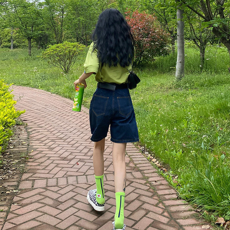 深蓝色牛仔短裤女夏季2025新款高腰宽松直筒中裤复古百搭五分裤