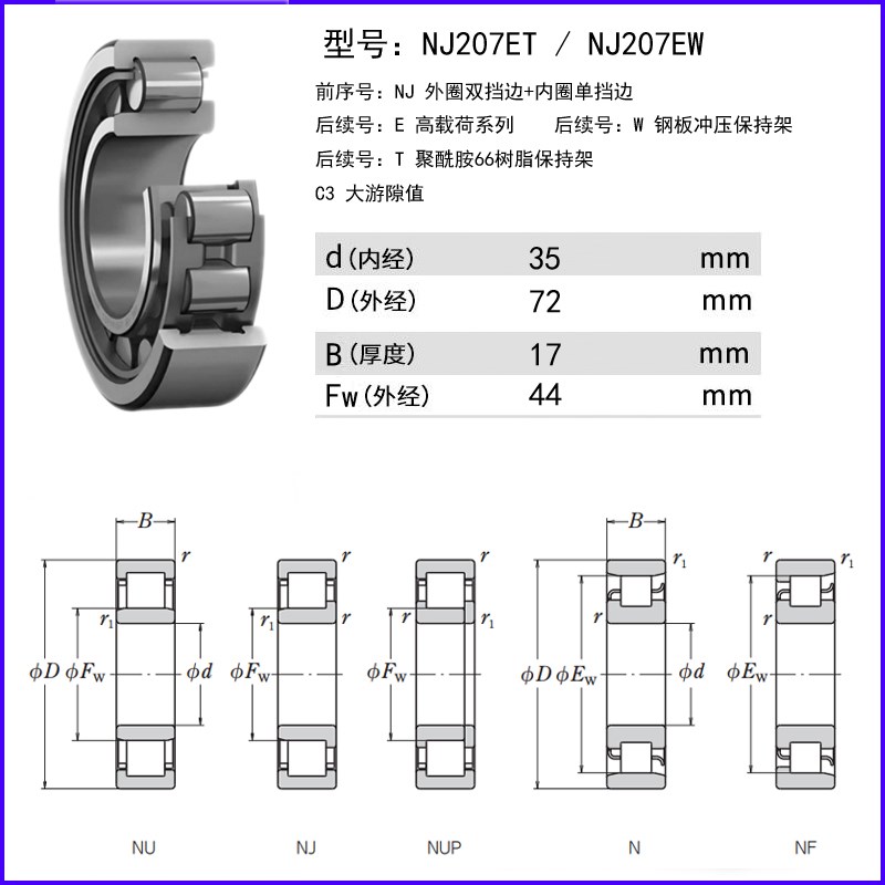 日本原装进口NSK高速精密耐高温静音圆柱滚子轴承NJ207E T W M C3