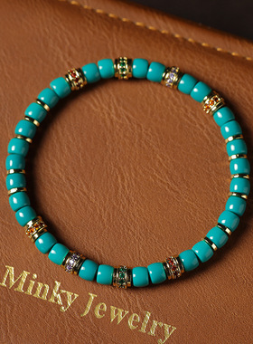 优化绿松石高瓷玉化手串归圆直切18k微镶彩钻黄金文玩手链