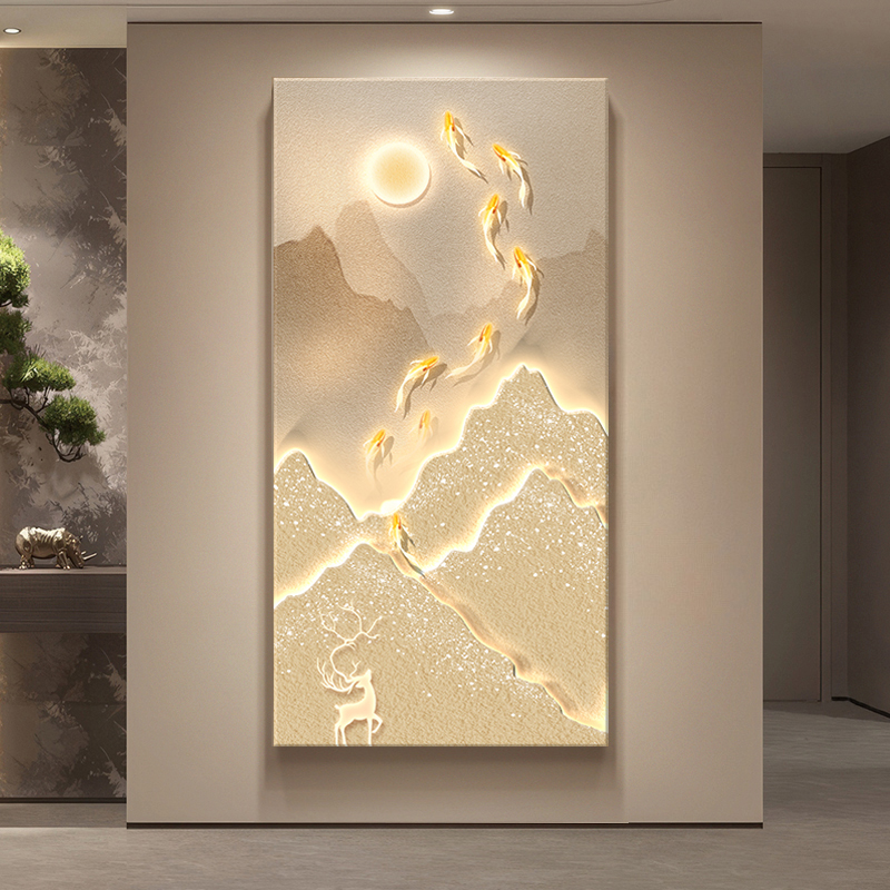 过道入户玄关装饰画轻奢高级感金山九鱼走廊挂画正对门3D立体壁画图片