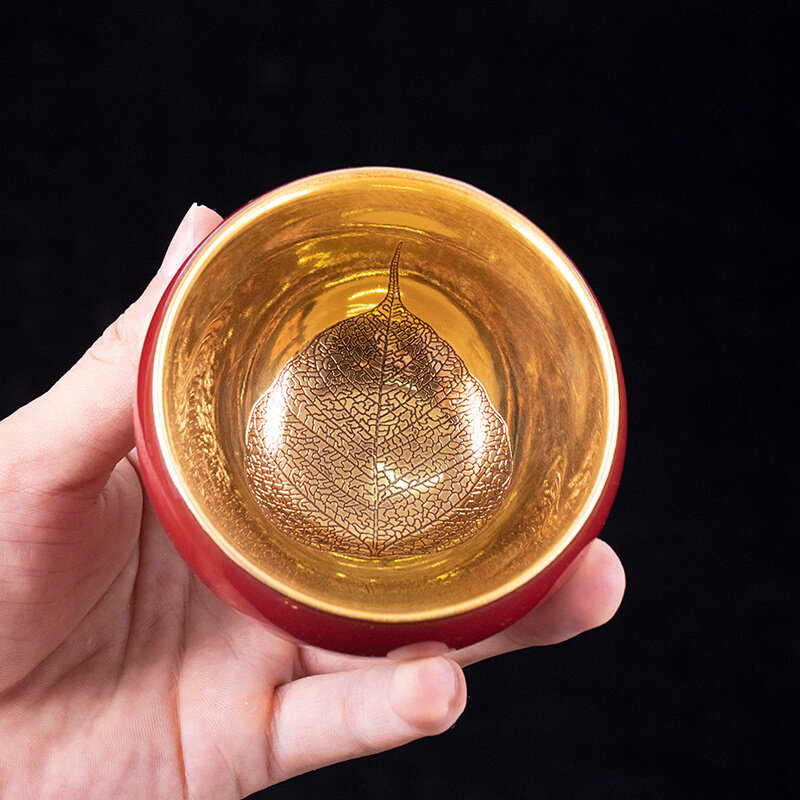 宋瑜手工金盏金油滴建盏铁胎黄金天目茶盏鎏金陶瓷主人杯金盏茶杯