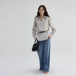 衬衫宽松条纹通勤女」早秋VOOE设计上衣「气质V领芥末派新款收腰