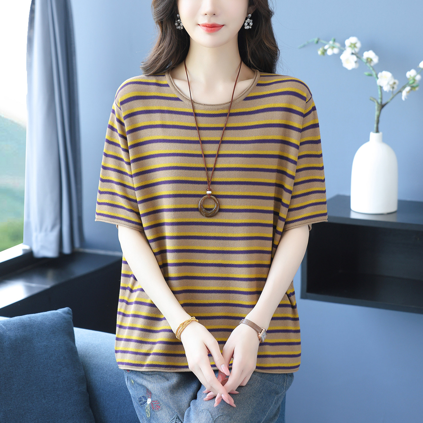 妈妈装夏季条纹短袖T恤女圆领冰丝针织衫胖mm宽松大尺码遮肚子上