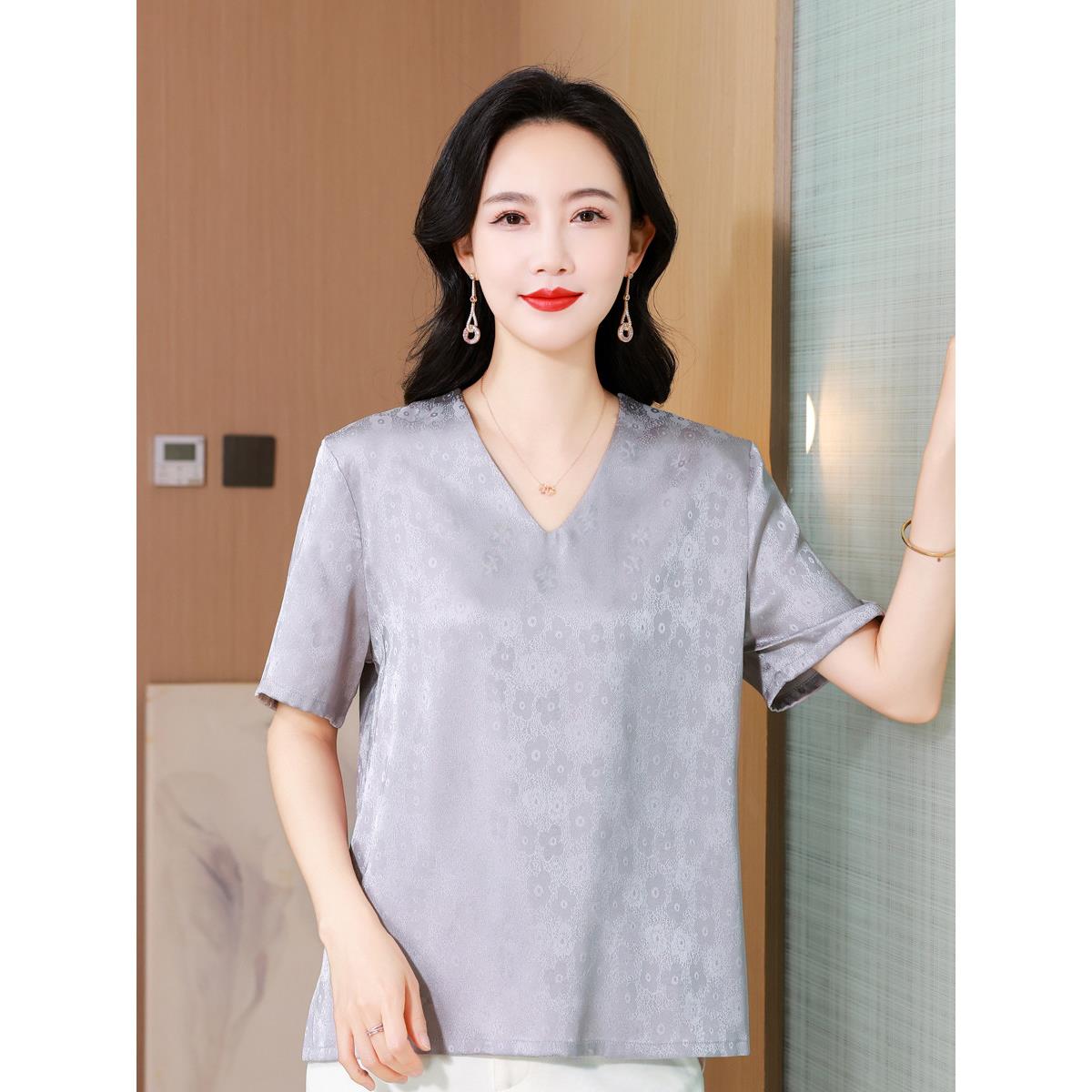夏季新款真丝V领短袖T恤女夏宽松中年妈妈装桑蚕丝印花上衣中老年