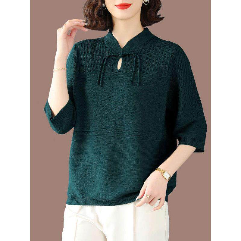 妈妈洋气盘扣冰丝中袖T恤女宽松加肥加大码桑蚕丝针织七分袖上衣