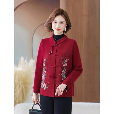 中老年女装高端羊绒大衣短款喜妈妈婚宴礼服秋冬气质时尚毛呢外套