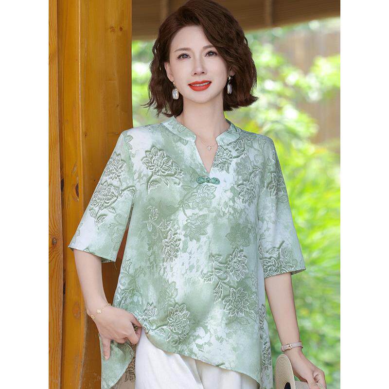 胖妈妈新中式套装洋气桑蚕丝上衣中老年夏装真丝大码短袖t恤衫女