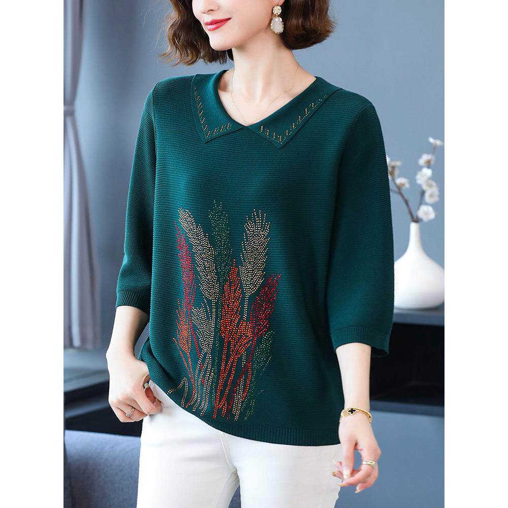 洋气妈妈春夏桑蚕丝T恤翻领七分袖大码上衣薄款中年女冰丝针织衫