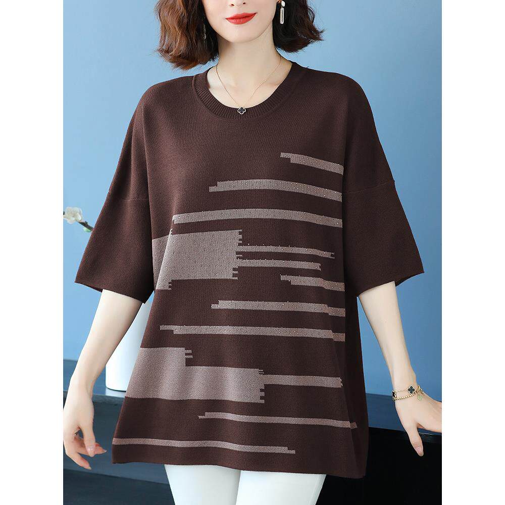 中年妈妈春夏新款冰丝针织衫中袖T恤女加肥加大码遮肚显瘦薄上衣