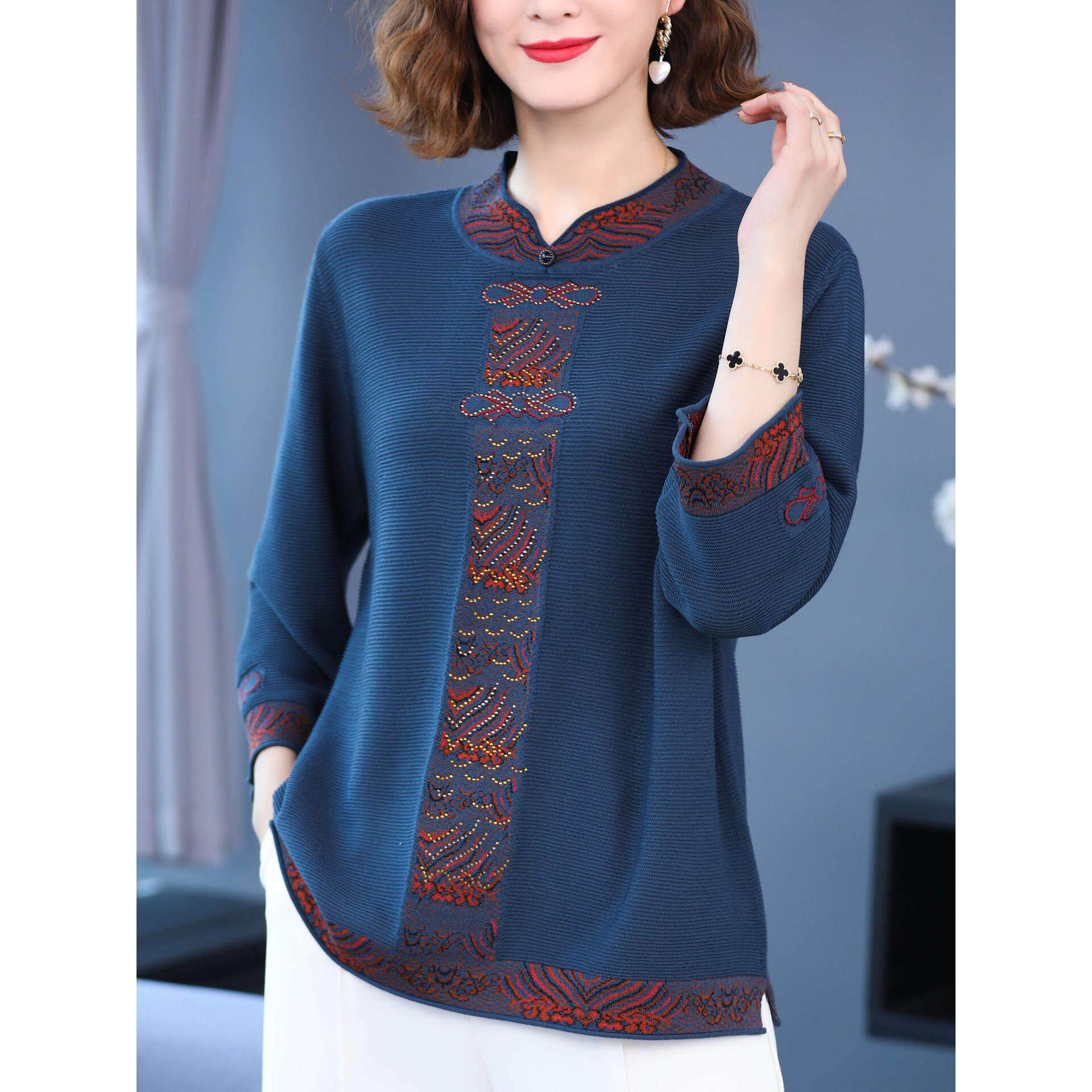 中老年妈妈早春秋新款桑蚕丝T恤女宽松大码七分袖冰丝上衣针织衫