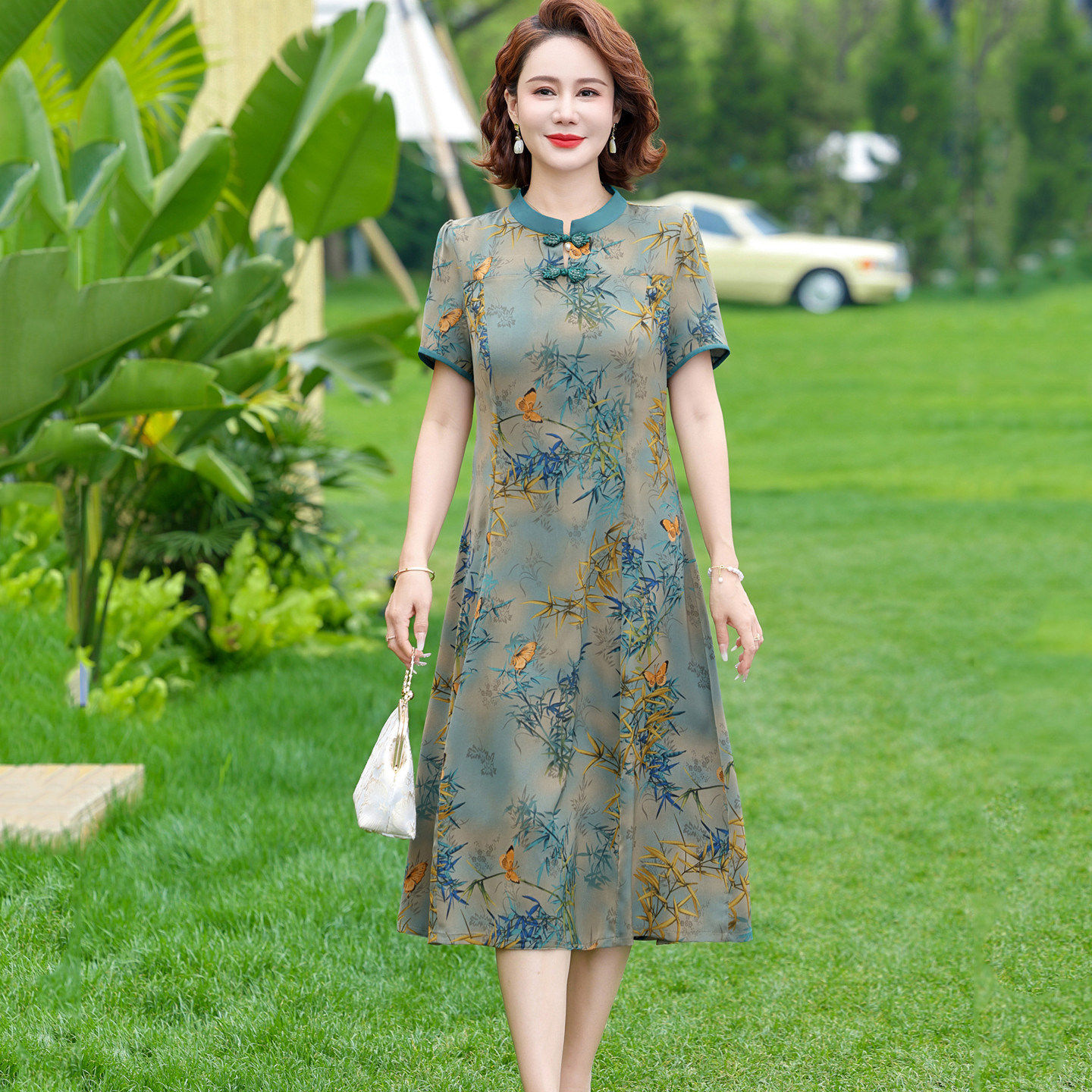 夏季新中式妈妈装国风真丝时尚中老年人女桑蚕丝改良旗袍连衣裙子