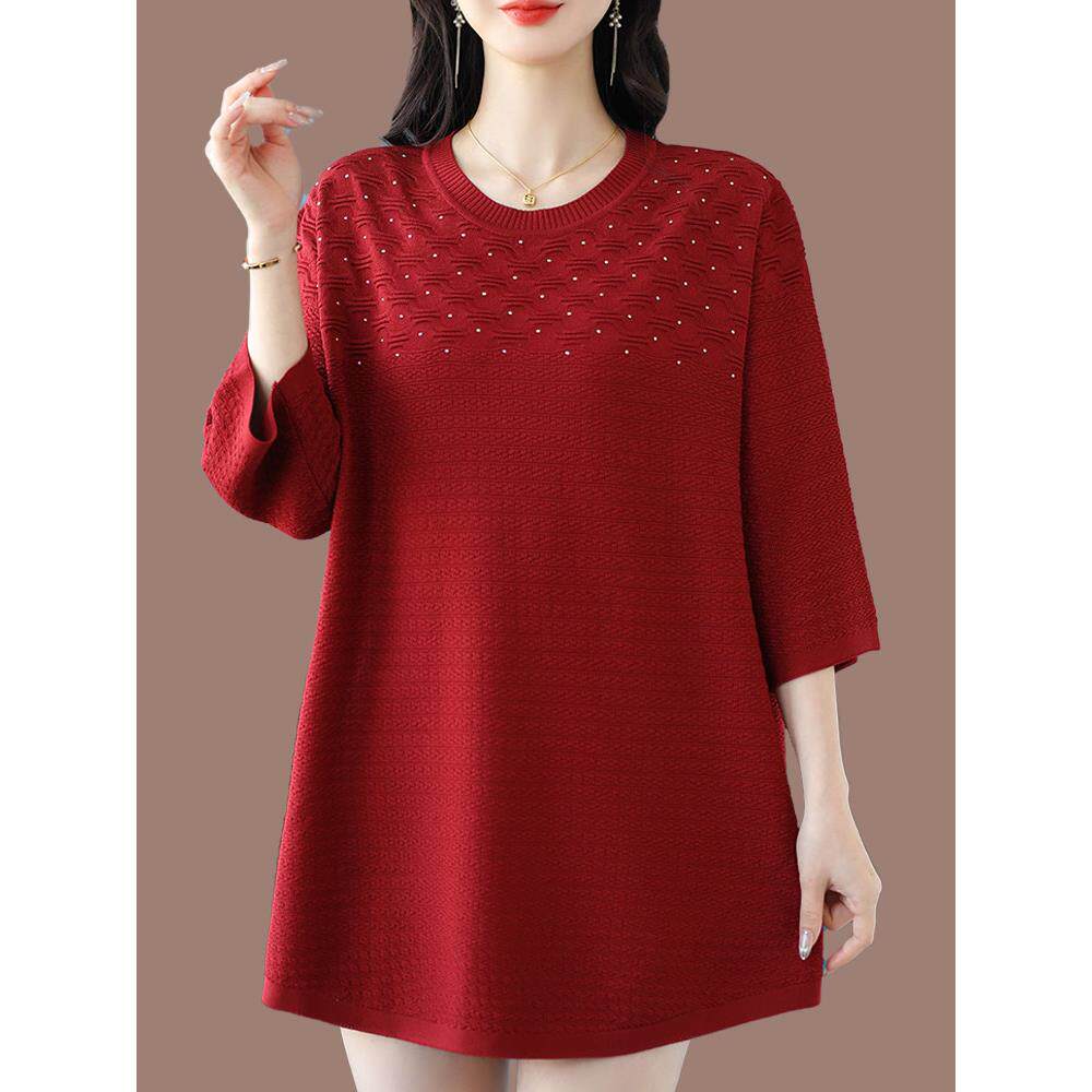 妈妈装夏季桑蚕丝中袖女上衣宽松显瘦特大码中长款遮肚针织打底衫