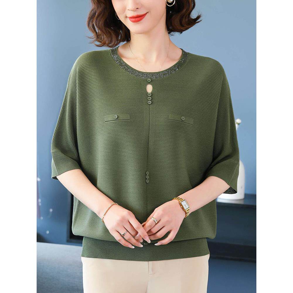 中年妈妈冰丝T恤女春夏薄款针织衫加肥大码宽松遮肉圆领中袖上衣