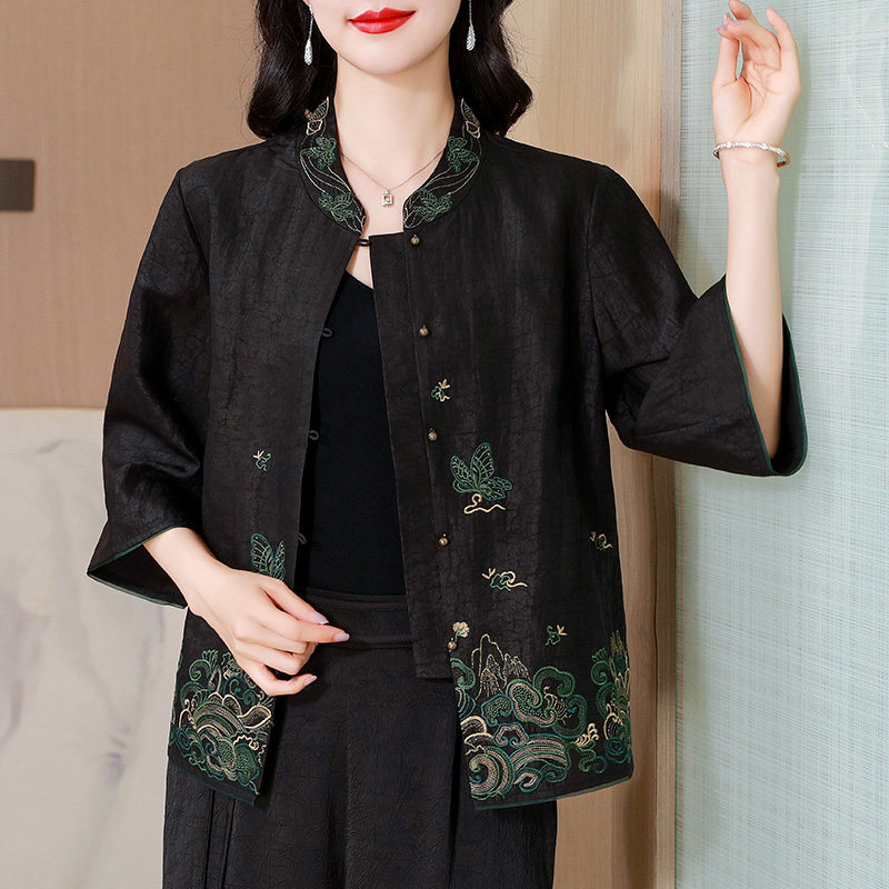 高端重工刺绣衬衫短外套女士秋装新款复古气质立领妈妈香云纱上衣