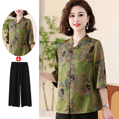 中老年人真丝上衣女中袖洋气高贵妈妈夏装新款大码杭州桑蚕丝衬衫