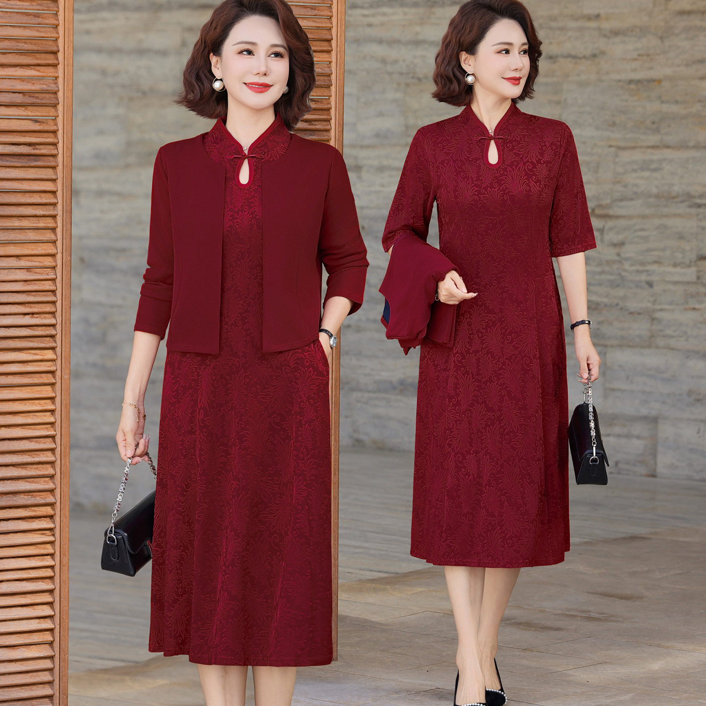 十月结婚妈妈装礼服旗袍裙子嫁女儿喜服喜婆婆婚宴装连衣裙两件套