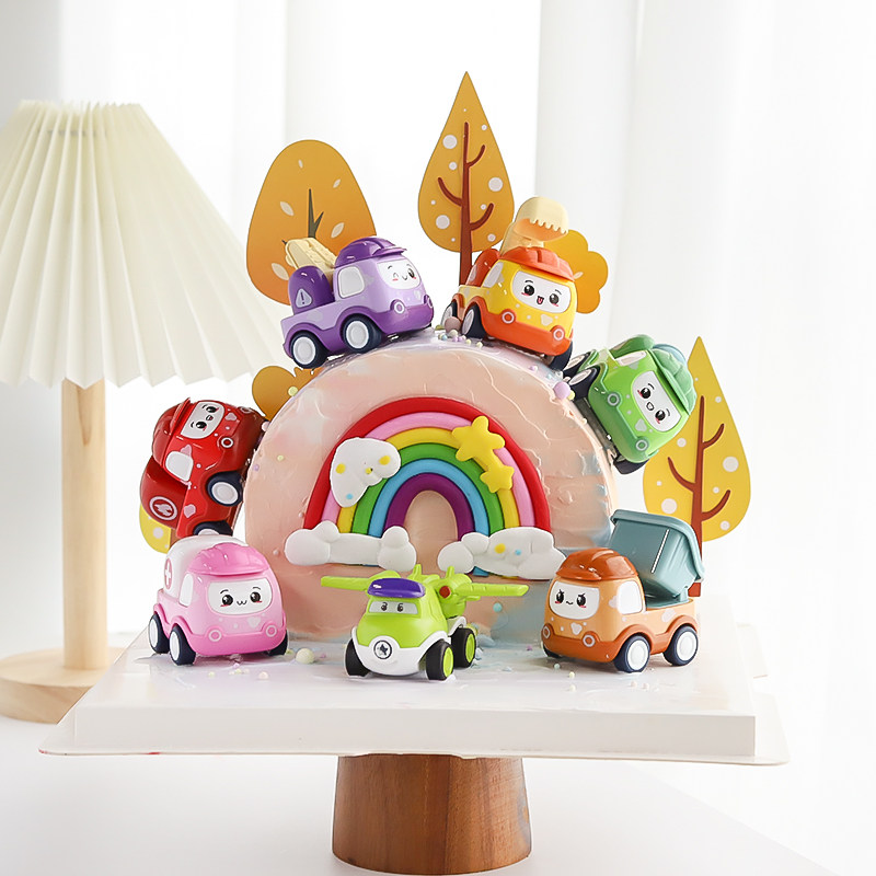 卡通彩色回力小汽车蛋糕装饰摆件 男孩儿童生日派对烘焙装扮配件