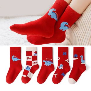 六指鼠新年红色儿童袜子秋冬季纯棉加厚男童女童卡通保暖中长筒袜