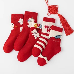 六指鼠儿童袜子男童女童秋冬季大红色新年袜宝宝中大童加长筒棉袜