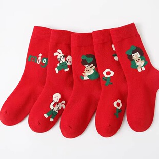 六指鼠女童袜子秋冬纯棉女孩冬季加厚儿童蛇年本命年新年红色袜子