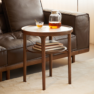 北美黑胡桃边几圆形小茶几北欧实木岩板角几现代简约客厅小圆桌子