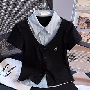 t恤女夏季 设计感小众修身 假两件翻领短袖 2025新款 上衣 短款 polo衫
